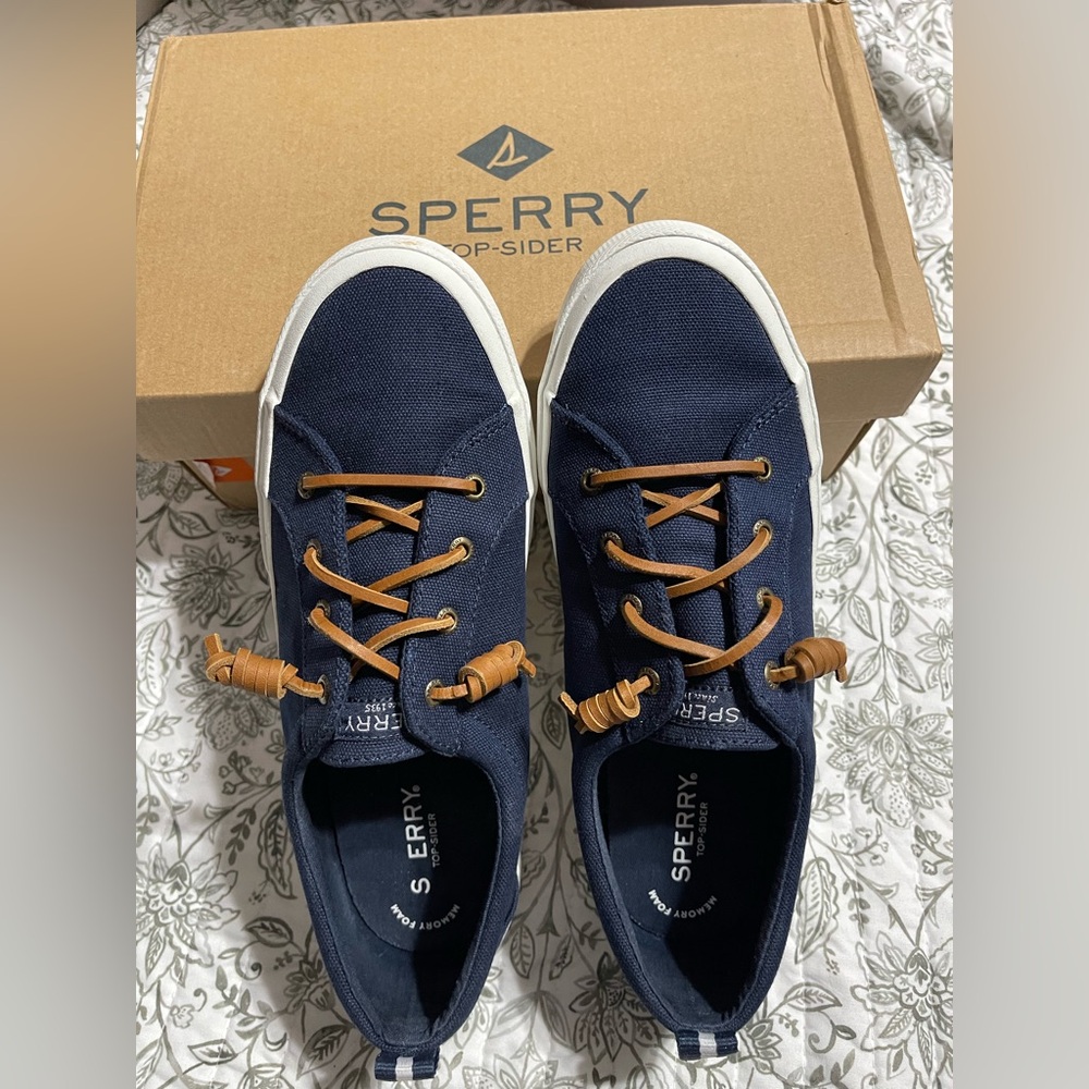 Sperry Navy Canvas Boat Shoes with Tan Leather Laces